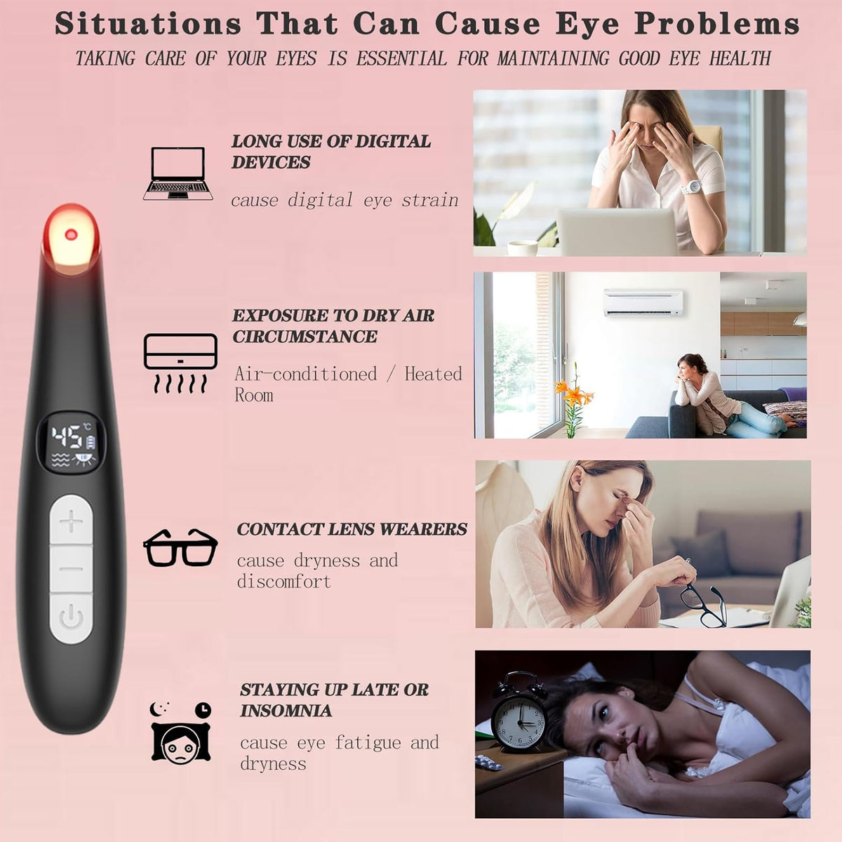 Eye Lift Wand, 3 in 1 Vibrating 98°F to 113°F LCD Eye Massager for Dry Eyes, Dark Circles and