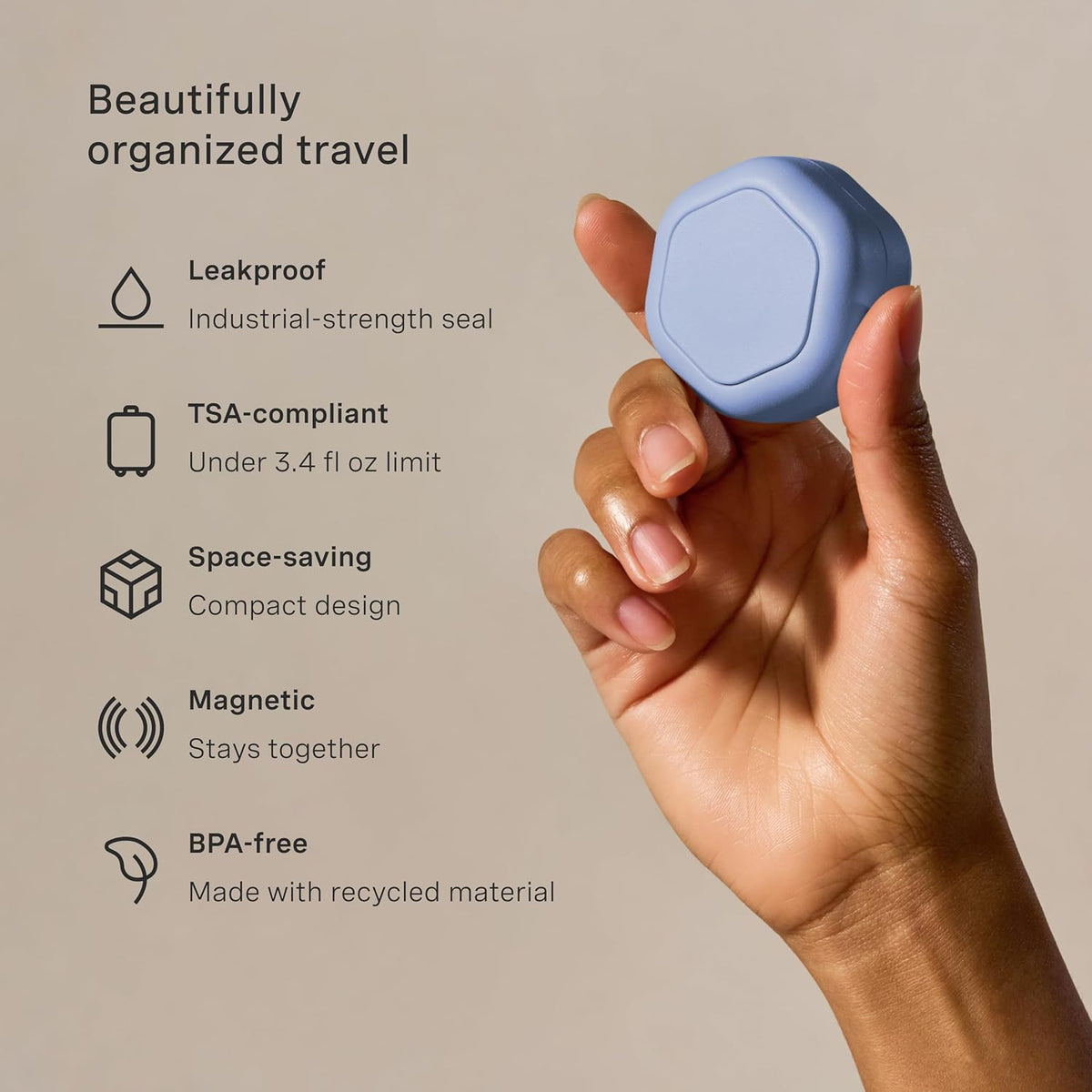 Cadence Travel Containers Basic Skincare Set - Magnetic Containers with Lids,Carry On Travel