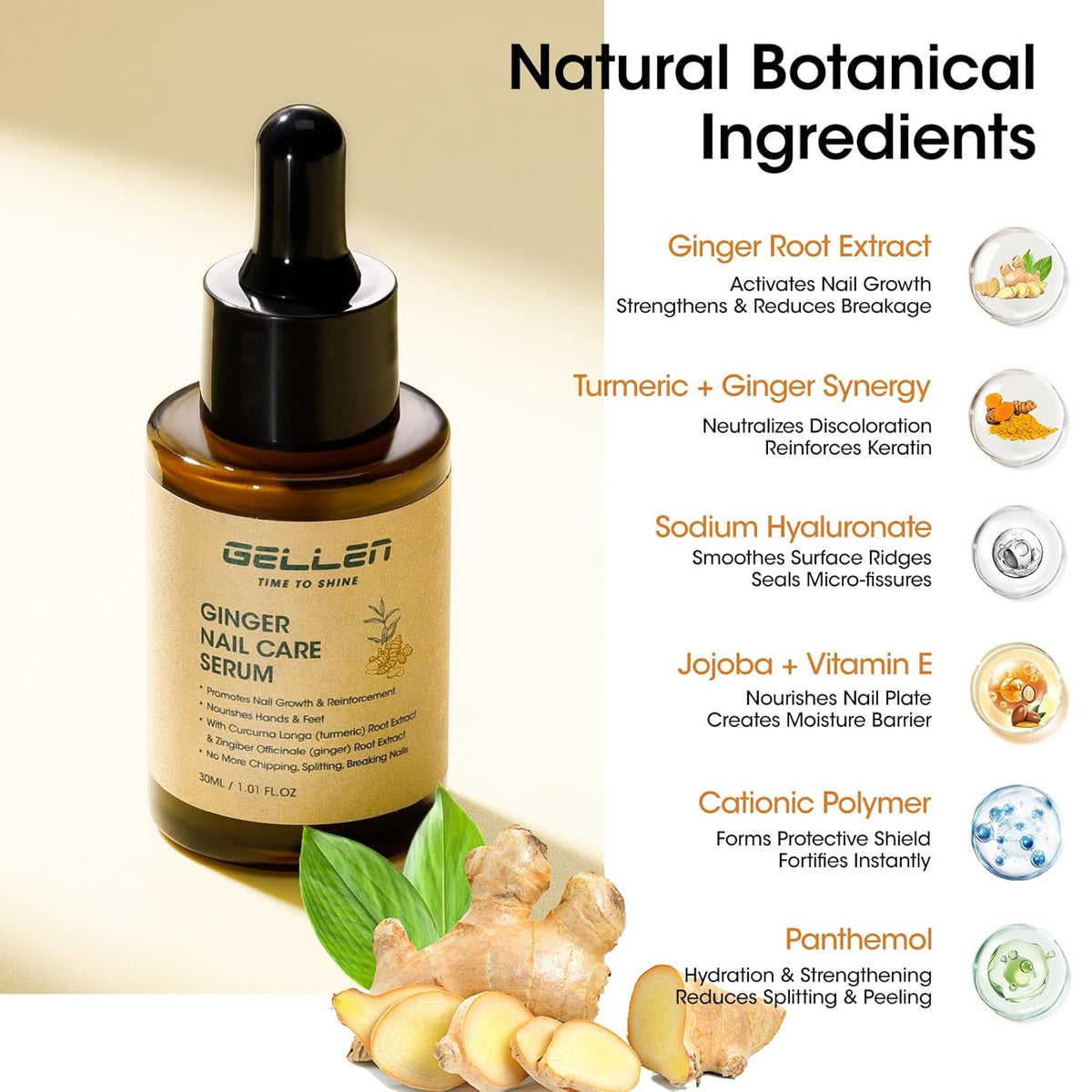 Gellen 30ml Ginger Nail Growth Serum for Nail Strengthener and Growth, Nail Repair Treatment for