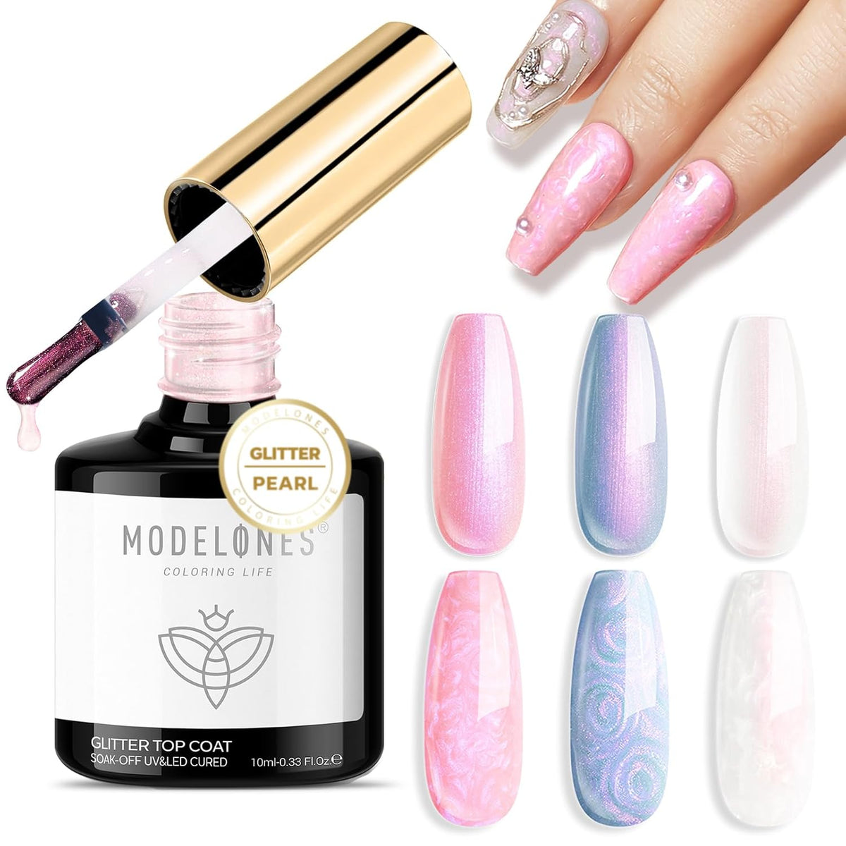 modelones Pearl Gel Nail Polish Top Coat, 2-in-one Clear Pearlescent Glitter Glossy Sparkle Finish