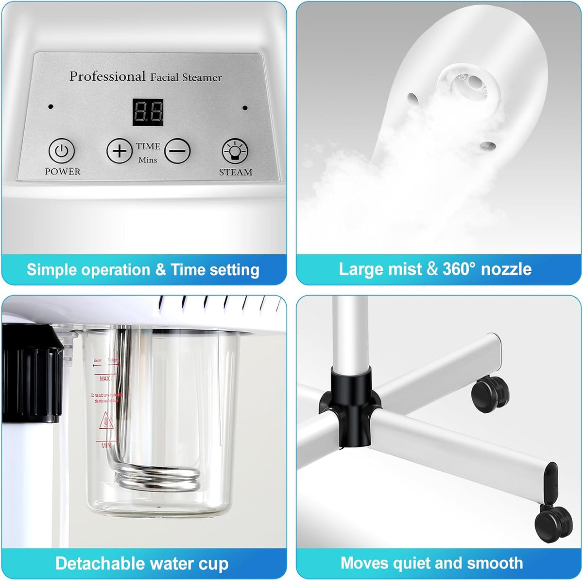 Professional Facial Steamer on Wheels, Esthetician Steamer with Hot Ozone Mist, Stand Face Steamer