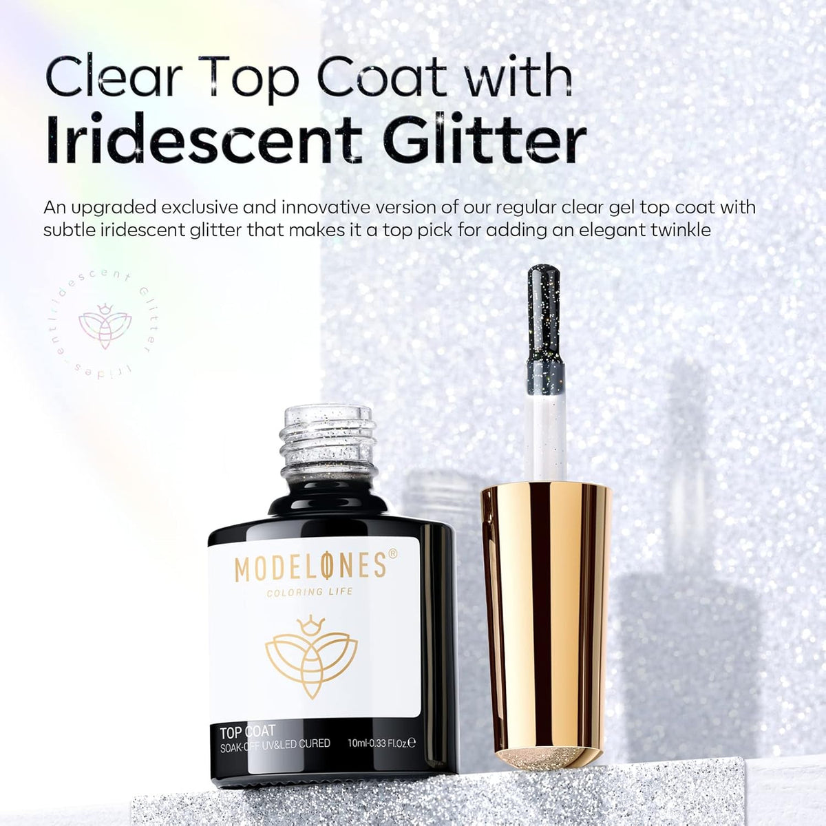 Modelones Glitter Gel Top Coat, Iridescent Silver Mix Glitter Gel Polish No Wipe Top Coat Glossy