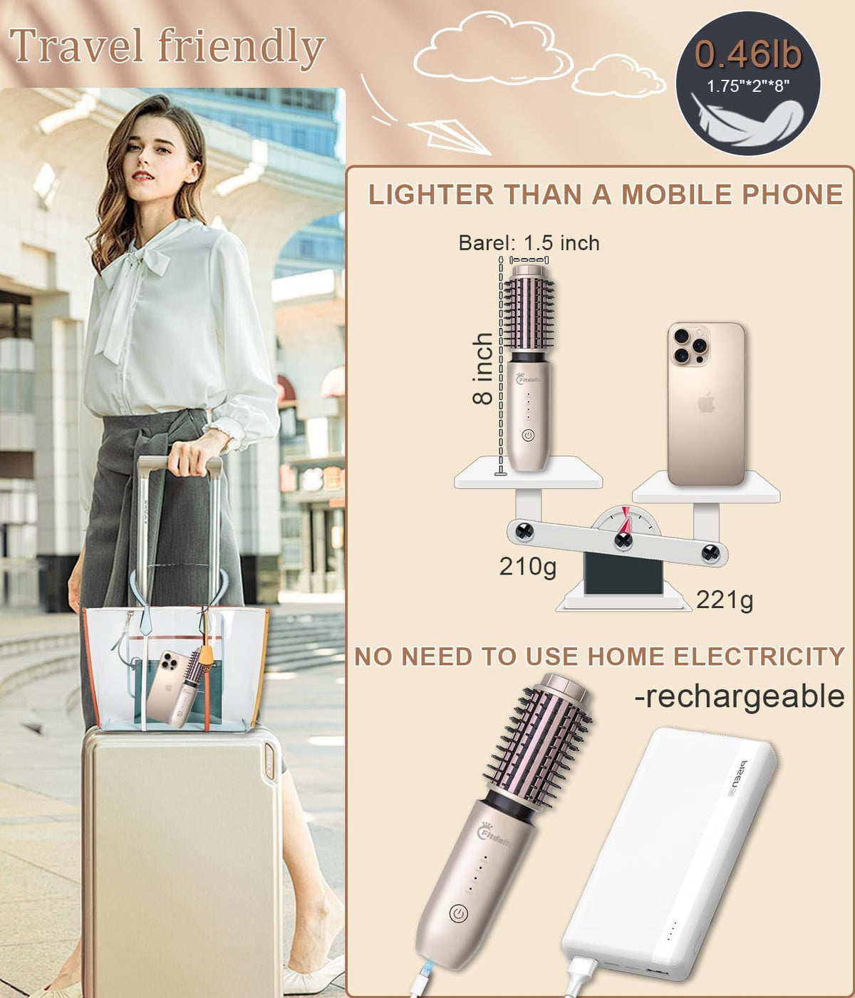 Cordless Hair Curling Iron Brush, 1.5" Mini Cordless Hair Curler, 3-in-1 Travel Curling Brush Hair