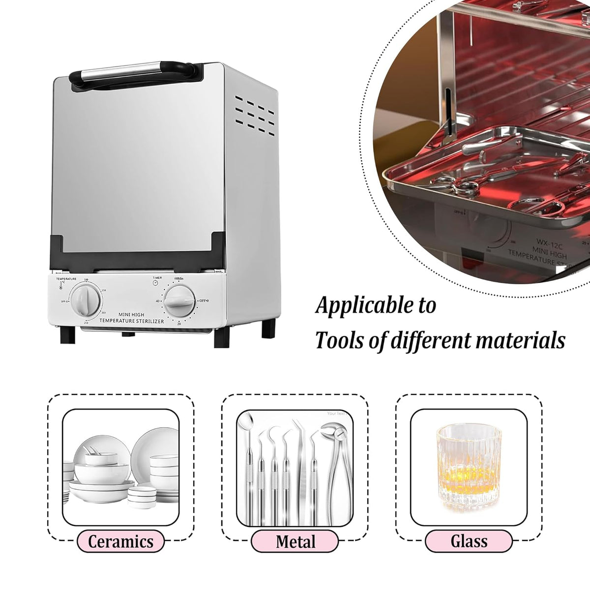High Temperature Sterilizer, Large Capacity Dry Heat Stainless Steel Sterilizer with Temp and Timer