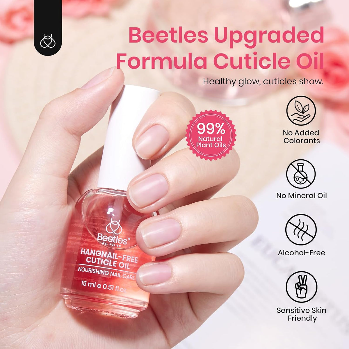 Beetles Cuticle Oil for Nail & Cuticle Care, 15ml Natural Rose Smell Oil with Vitamin E Nourish