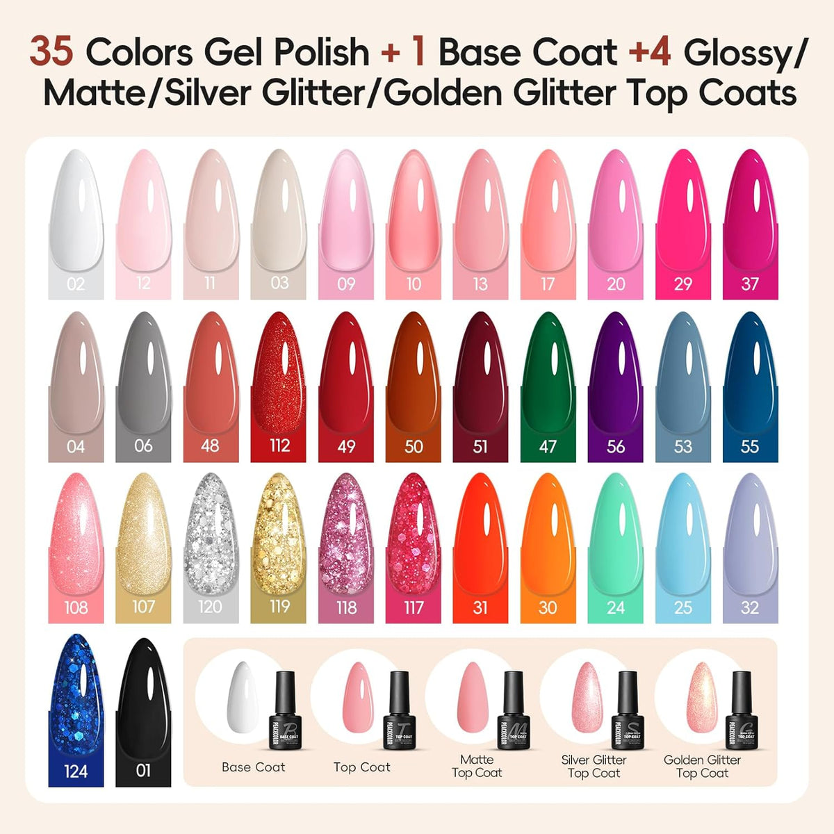 Peacecolor 59PCs Gel Nail Polish Kit with U V Light and Drill 35 Colors Gel Polish Kit with 5PC