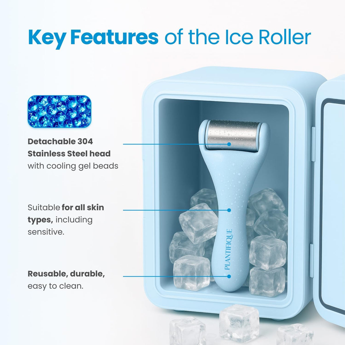 PLANTIFIQUE Facial Ice Roller - Puffiness Cryotherapy Skin Care Massage Tool - Stainless Steel