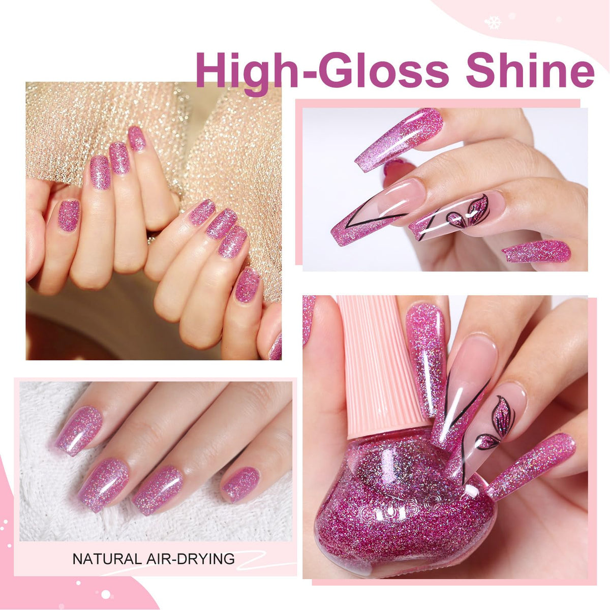 Major Dijit Quick Dry Nail Polish Glitter VioletRed Summer Nail Lacquer for Nail Art Regular Nail