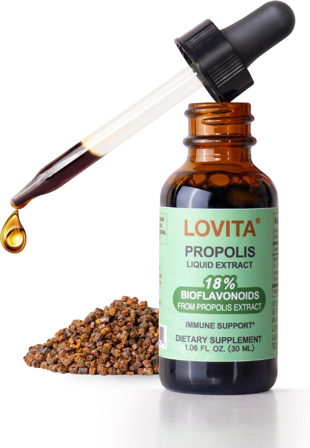 Lovita Bee Propolis Liquid Extract 500mg, 5:1 Resin Drops with 18% Bioflavonoids, Alcohol-Free