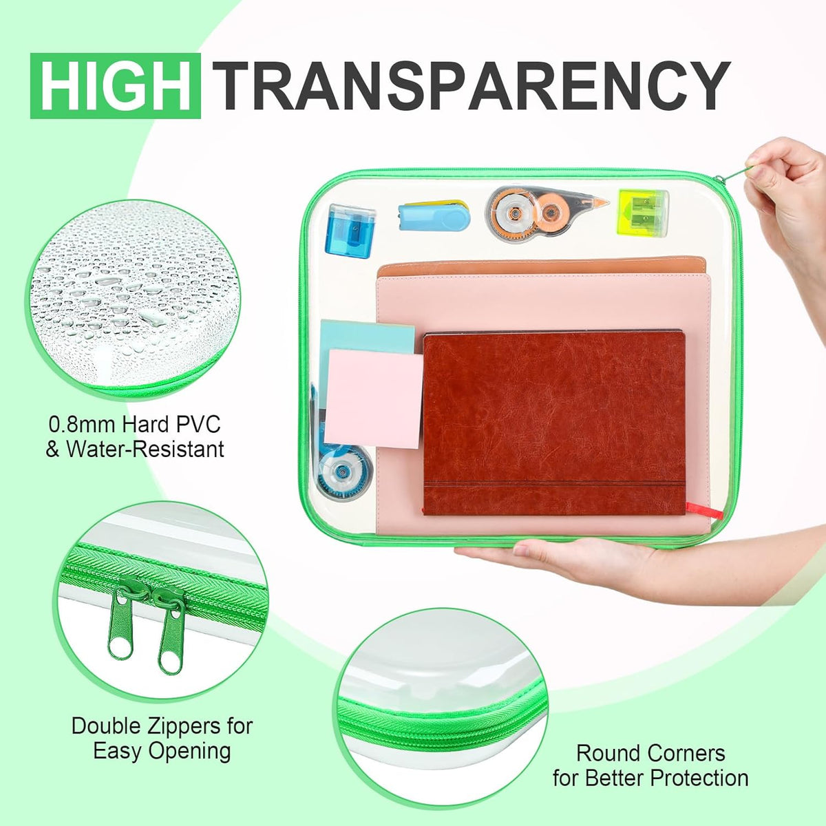 Hoolerry 4 Pcs Hard Clear Zipper Case Makeup Bags Plastic Pencil Pouch Transparent Storage Box