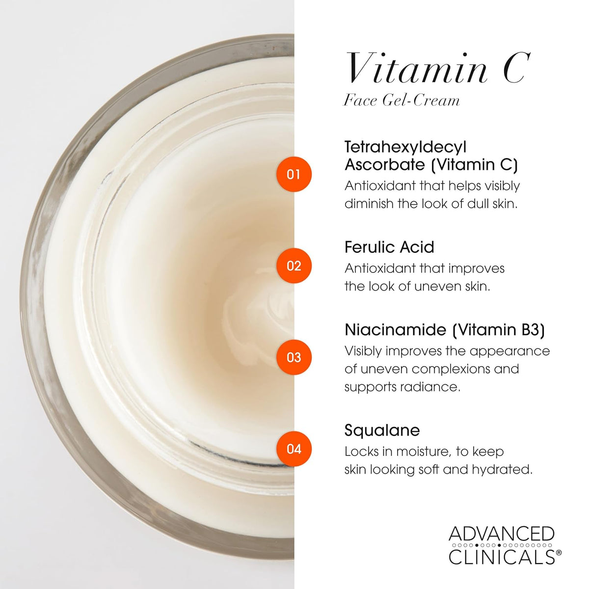 Advanced Clinicals Brightening Vitamin C Face Cream Gel With Niacinamide + Hyaluronic Acid |