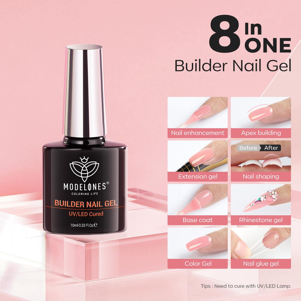 modelones Builder Nail Gel, 8-in-One Jelly Pink Builder, Peachy Pink Rubber Base Gel Polish, LED