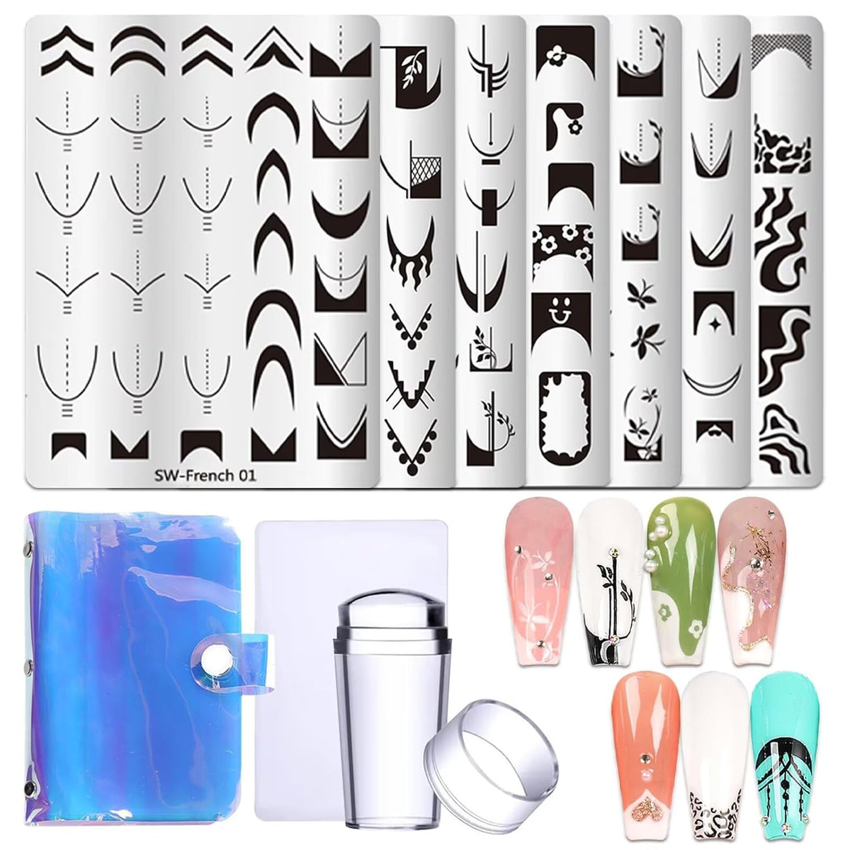 French Tip Nail Stamping Plate- 10 pcs Nail Stamper Kit Silicone Nail Stamper French Nail Stamp