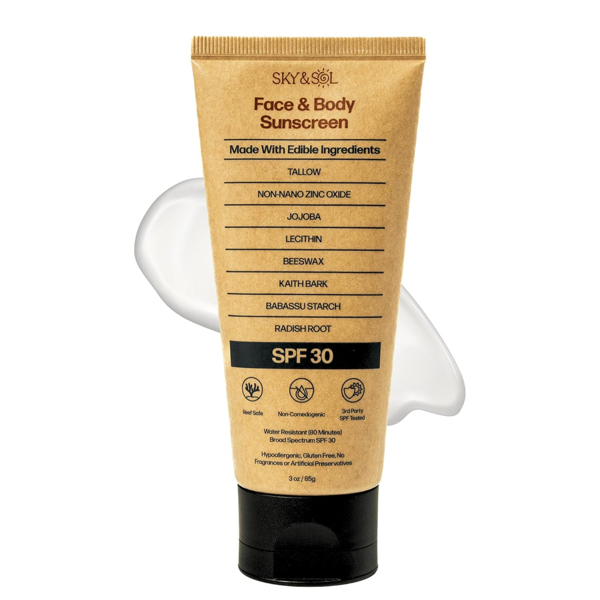 Natural Mineral Sunscreen SPF 30 3 oz: Natural Tallow & Zinc Oxide, Reef Safe, Water Resistant