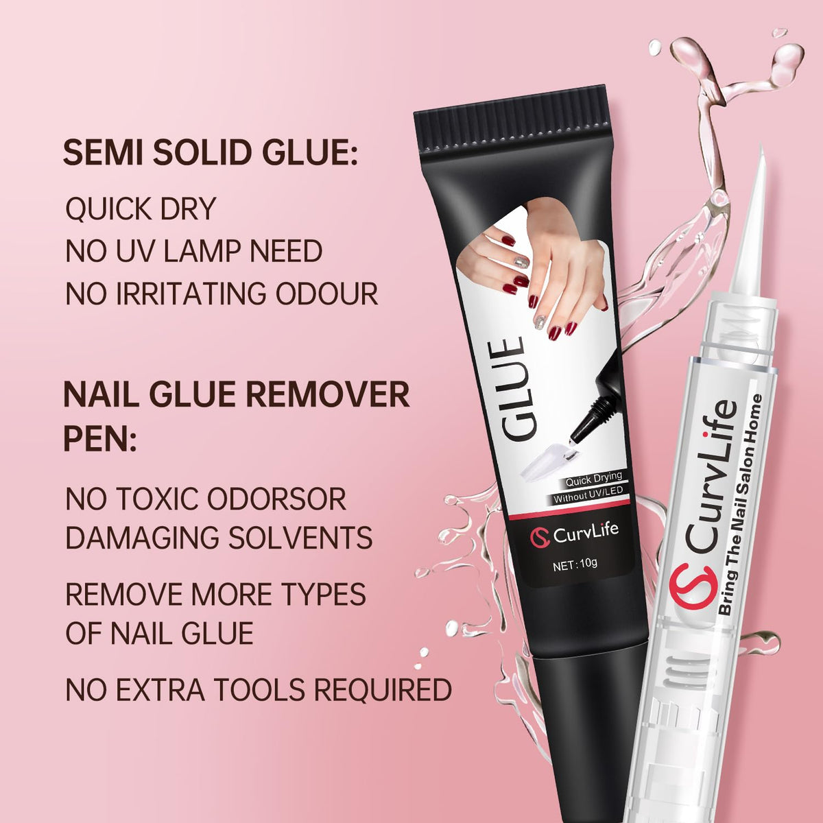 Curvlife 10g Semi Solid Nail Glue Gel With 5ml Remover Pen, No UV Light Needed, for Press On Nails