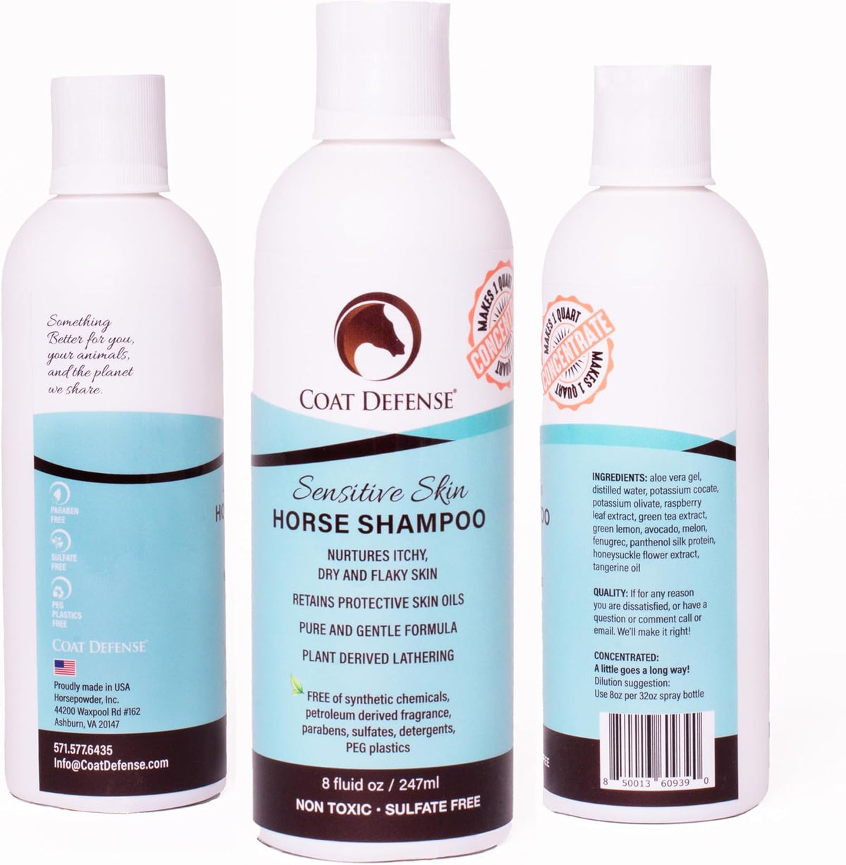 COAT DEFENSE Sensitive Skin Shampoo for Horses | All-Natural & Made in USA | Hypoallergenic Aloe