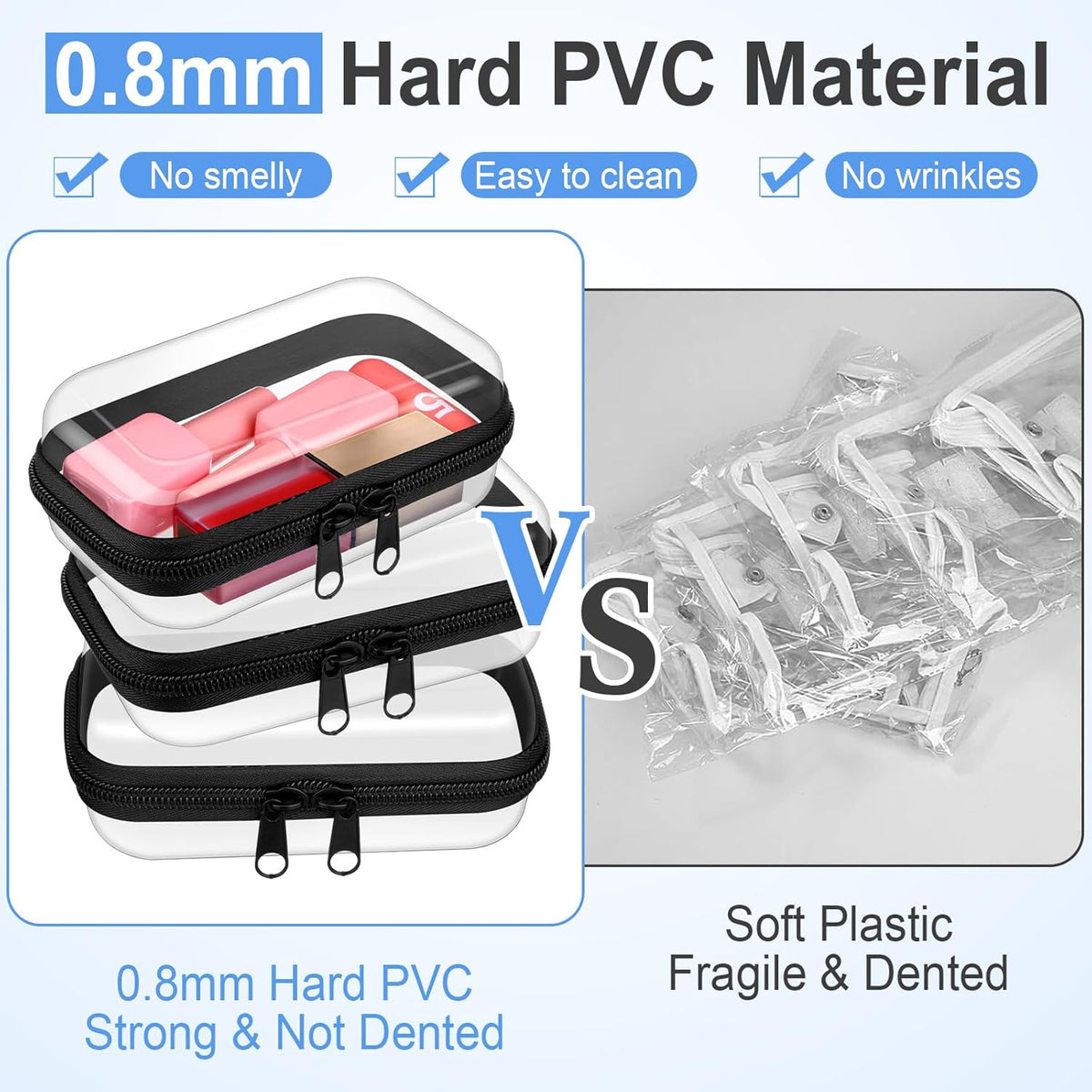 Hoolerry 3 Pcs Clear Hard Zipper Case Plastic Pouch Transparent Hard Case Clear Makeup Bag Portable