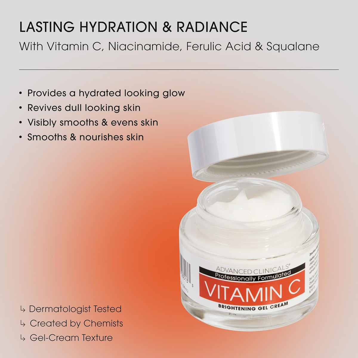 Advanced Clinicals Brightening Vitamin C Face Cream Gel With Niacinamide + Hyaluronic Acid |