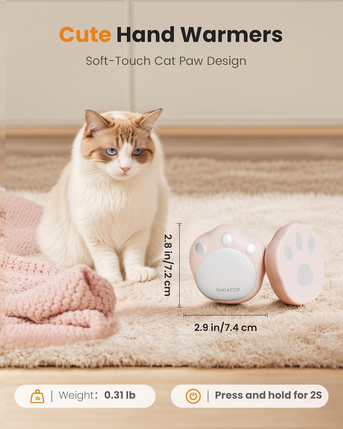 Gaiatop Hand Warmers Rechargeable, 2 Pack Cute Cat Paw Design 3 Levels Magnetic Electric Pocket