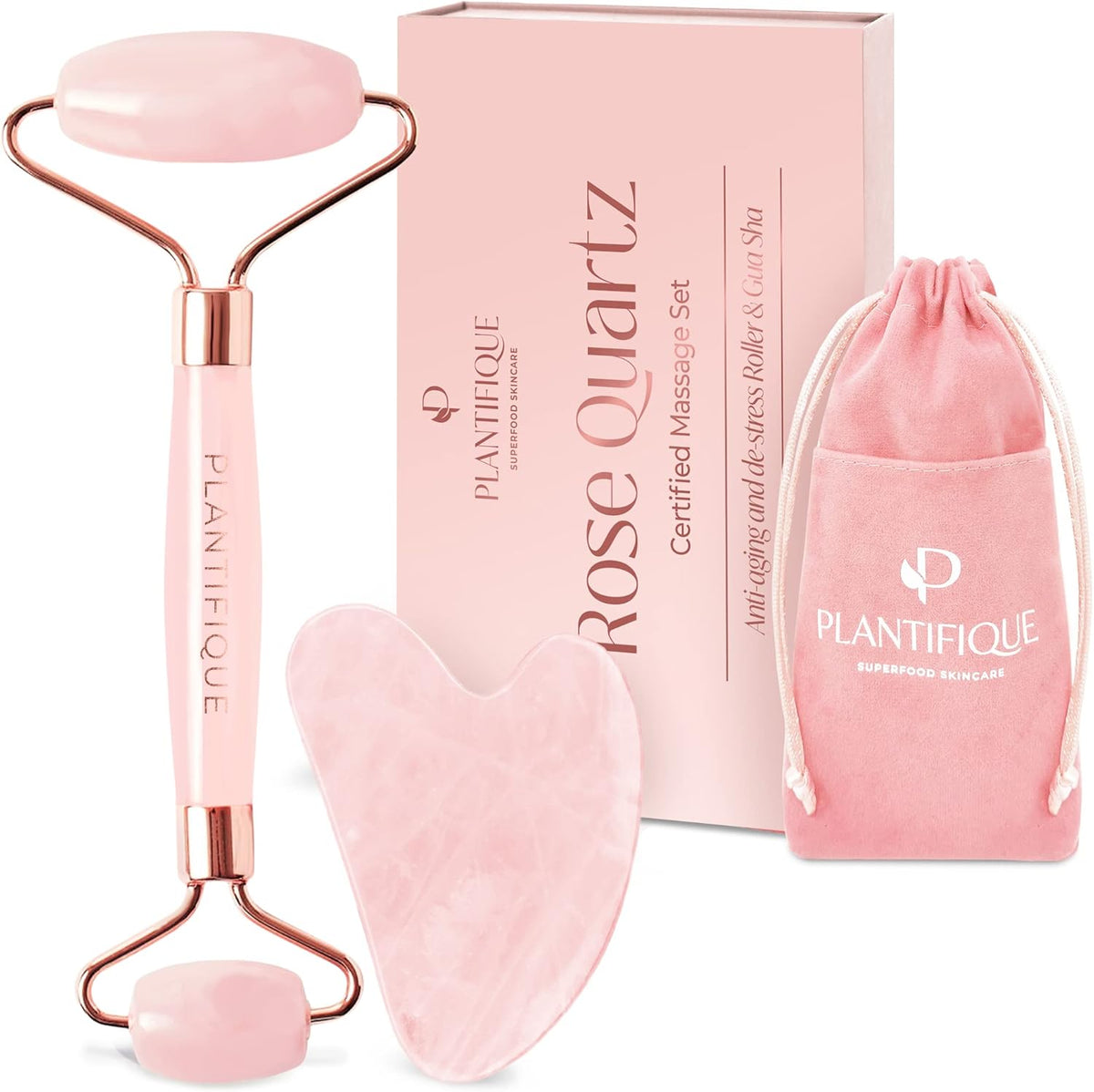 PLANTIFIQUE Face Roller and Gua Sha Rose Quartz Certified | Gifts | Guasha Tool for Face | Jawline