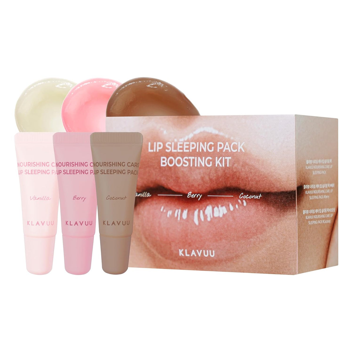 Klavuu Lip Sleeping Pack Boosting Kit – Overnight Hydrating Lip Mask, Daily Balm, Gentle Scrub &