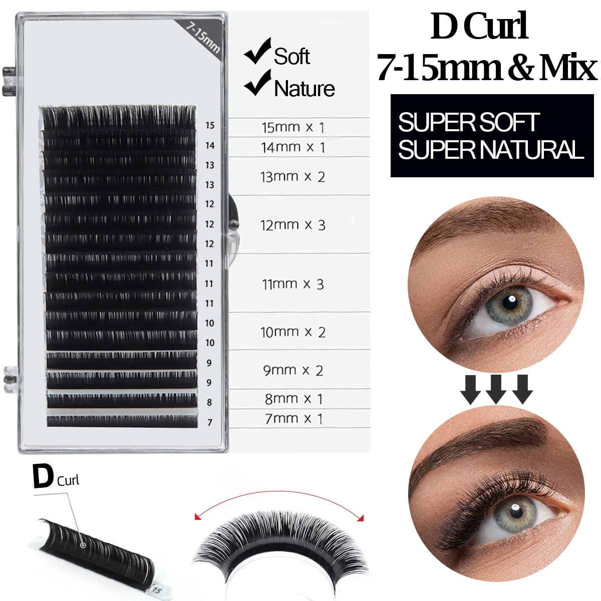 Eyelash Extension Supplies Kit with Individual Lash 0.07D Curl Mix 7-15mm USB Lash Fan Dryer Gel