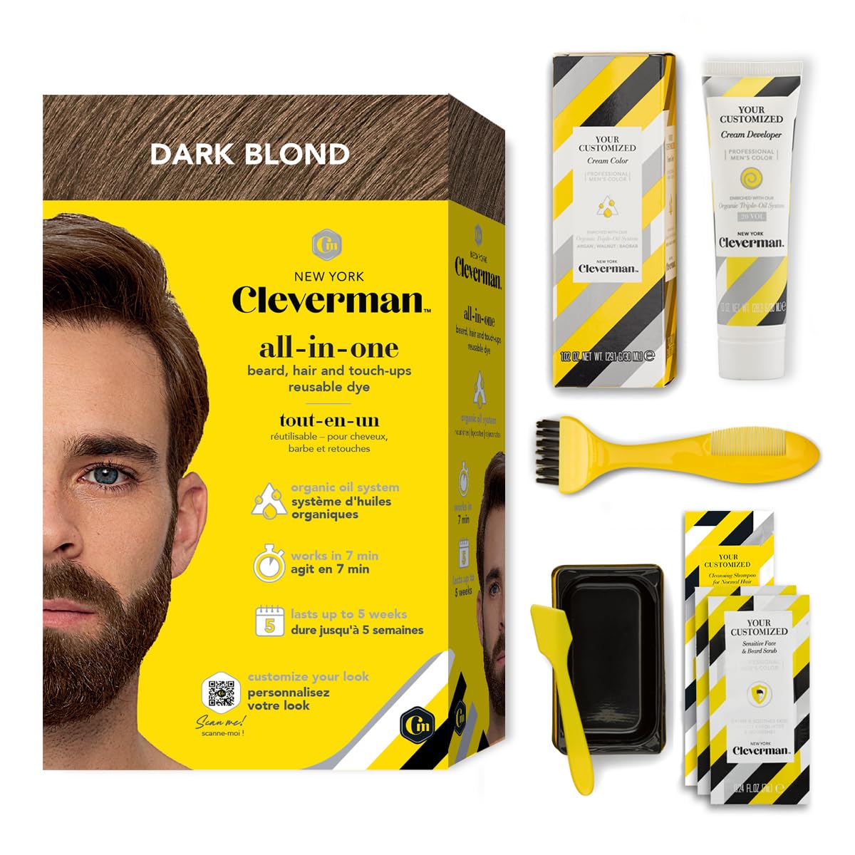 Cleverman Dark Blond Hair & Beard Dye for Men, All-in-One Reusable Kit - Mens Color For