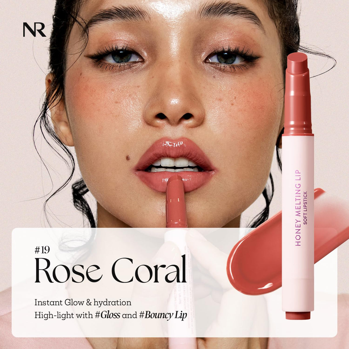 Nature Republic HONEY MELTING LIP (19 ROSE CORAL) SOFT LIP STICK, Hydrating Gloss, Moisturizing