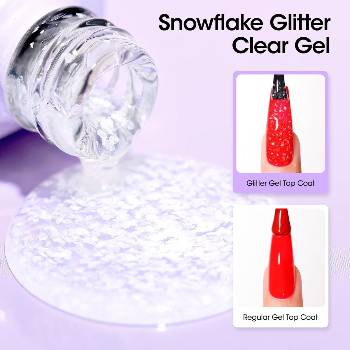 GELLEN Glitter Gel Top Coat, Snowflake Top Coat Nail Polish, Soak off Clear Glossy No Wipe Gel with