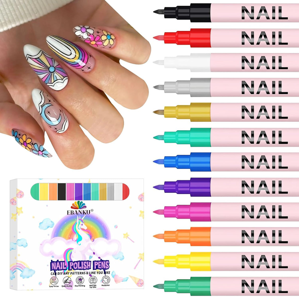 EBANKU 12 Colors Nail Art Pens Set, 3D 0.7MM Nail Polish Pens Quick-Drying Nail Art Acrylic Paint
