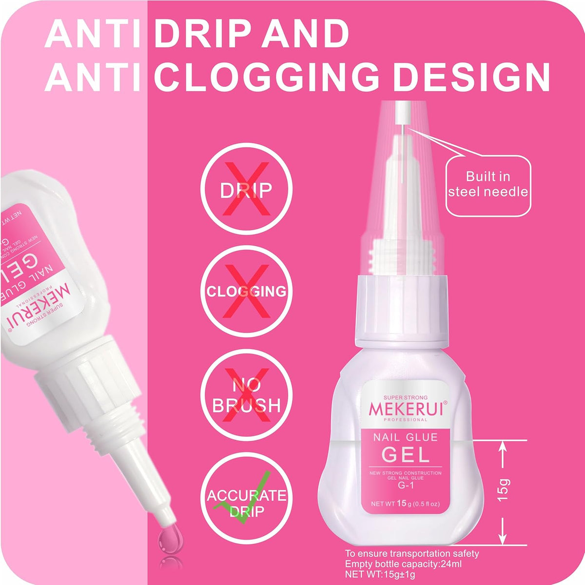 Super Strong Nail Glue Gel (15g) for Press on Nails,Drip and Clog Proof,7S Quickly Dry Without UV