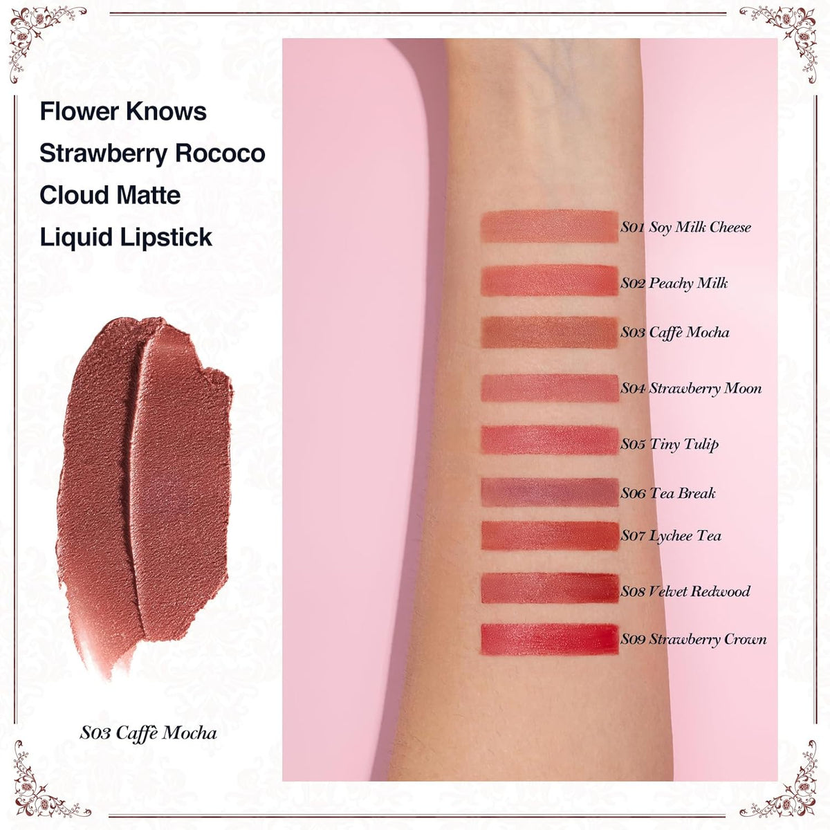 Flower Knows Strawberry Rococo Cloud Lip Cream,Velvety Matte Liquid Lipstick,Nude Lipstick,Long