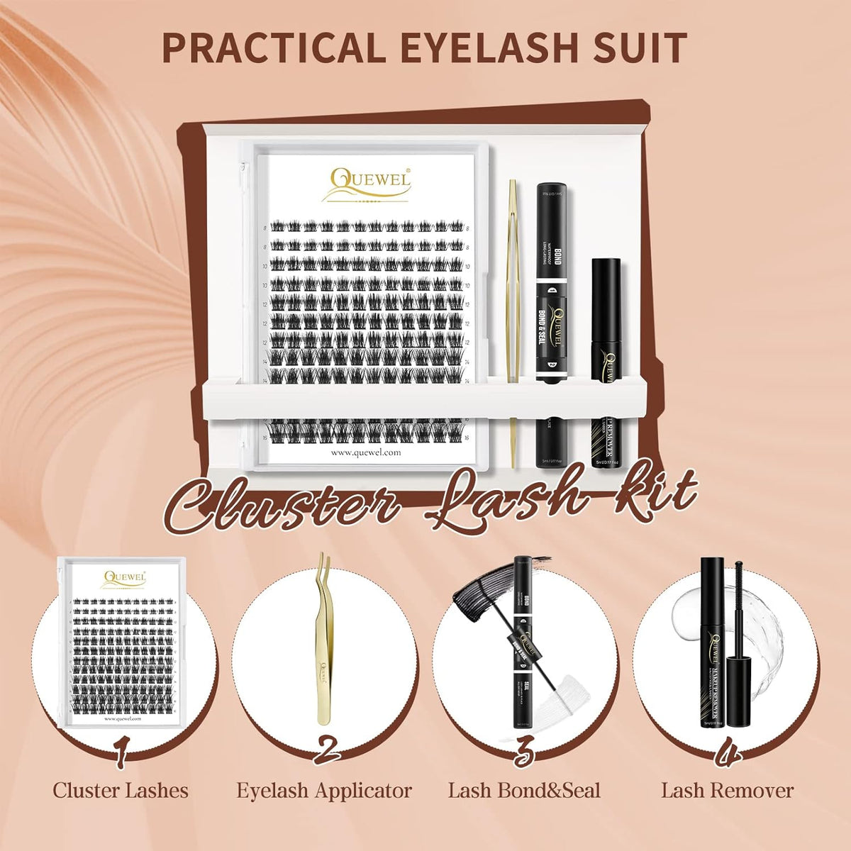 QUEWEL DIY Eyelash Extensions Kit, 144 Pcs Lash Clusters Eyelash Applicator Tool, Super Hold Bond