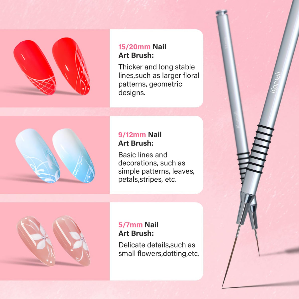 Metallic Nail Art Brushes, 6Pcs Non Slip Liner Brush Set, UV Gel Polish Painting Art Design Pen for