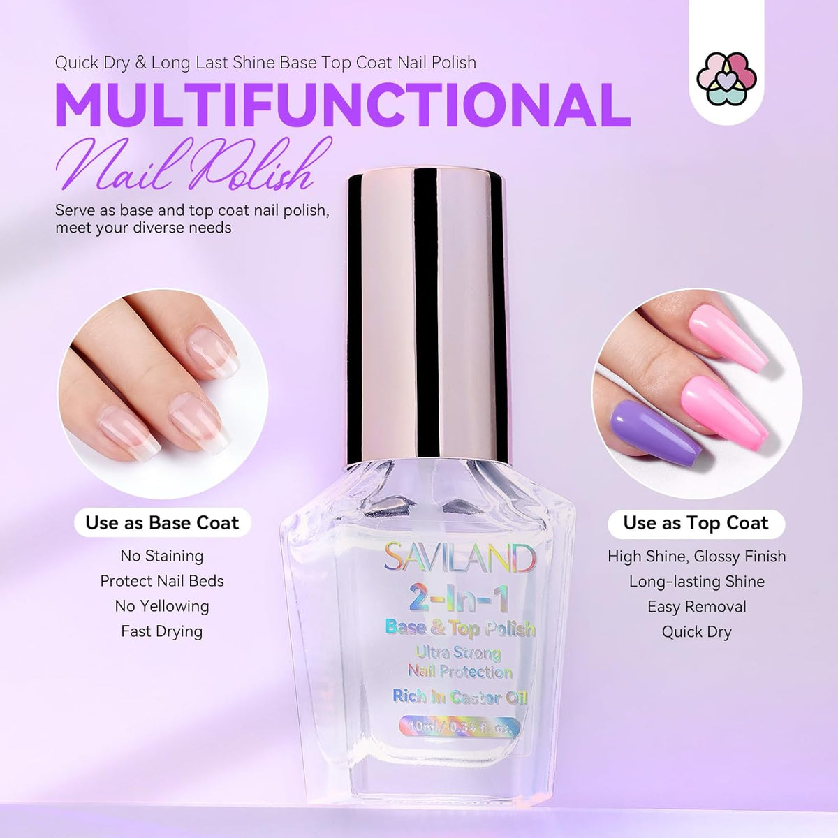 SAVILAND Clear Nail Polish Base Top Coat: 2 in 1 Quick Dry Nail Polish Long Lasting Fingernail Toe