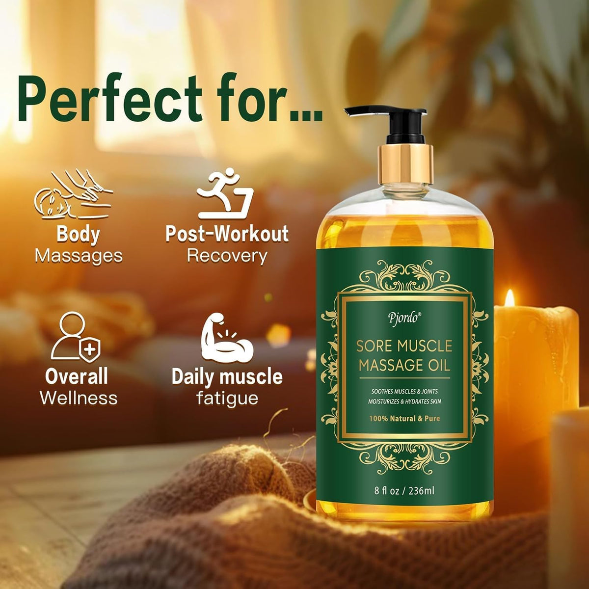 Sore Muscle Massage Oil for Massage Therapy, 8 FL OZ Natural Body Massage Oil with Lavender Oil