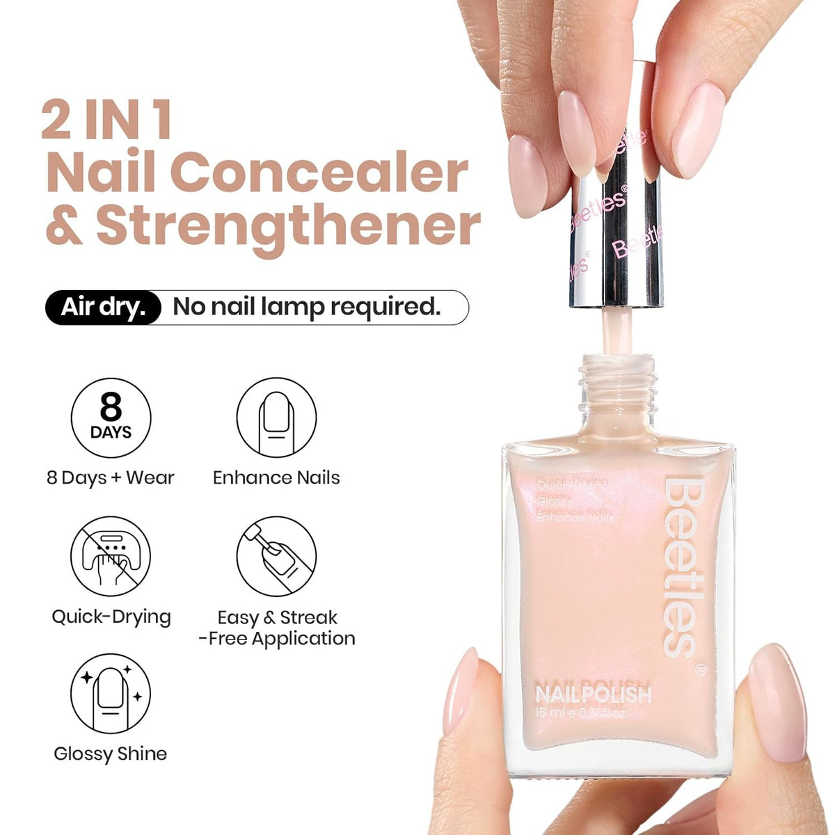 Beetles Nail Strengthener and Growth Concealer - Pink White Nail Polish Shimmer Natural Concealer