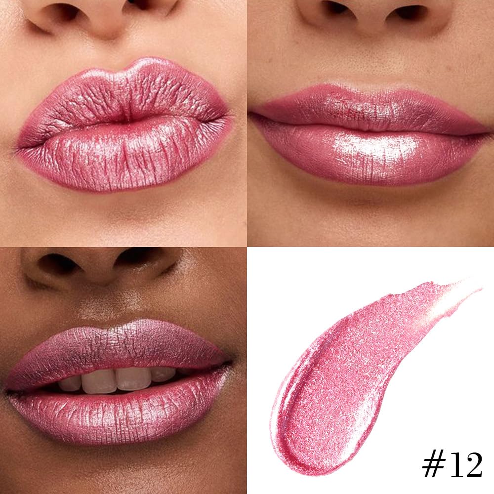 evpct Warm Pink Metallic Glitter Lip Liner and Lipstick Combo Lip Gloss Stain Set Makeup for Women