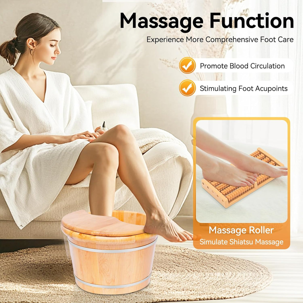 9.84in Tall Wood Foot Soaking Tub with Lid and Massage Roller, Pedicure Bowl for Feet, Portable