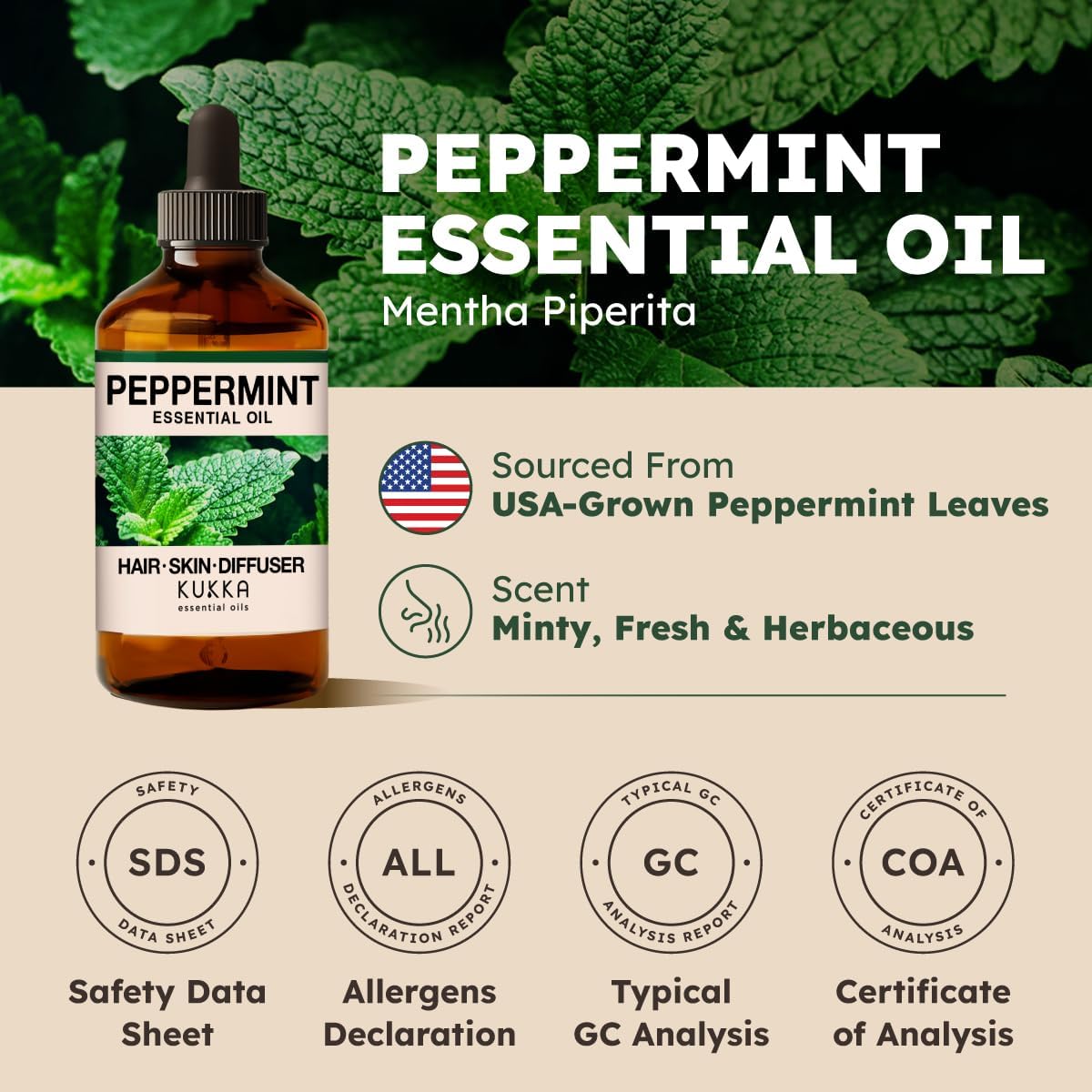 Kukka Essential Oils Peppermint Oil for Skin, Hair, Diffuser - 4 Fl Oz / 118 ml, DIY Soap Making