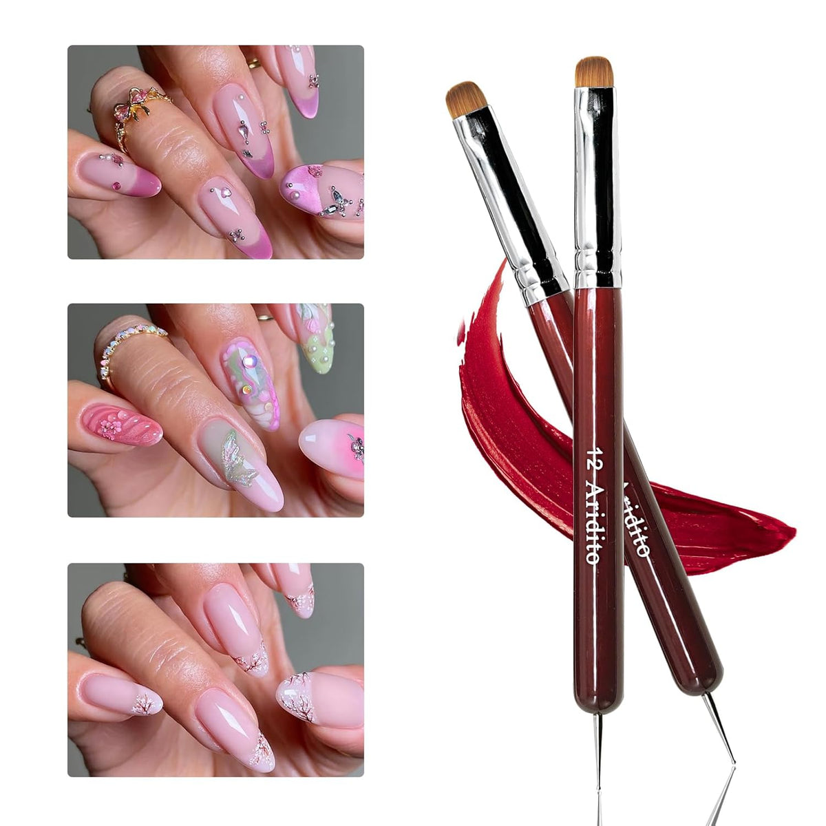 4Pcs Professional Acrylic French Manicure Clean-Up Brushes & Dotting Pens - Red Wood Handles