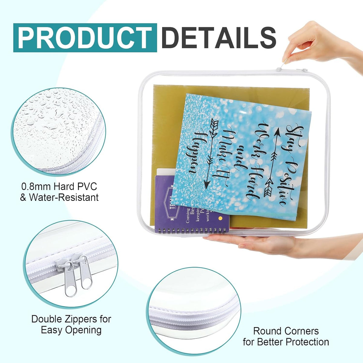 Hoolerry 4 Pcs Hard Clear Zipper Case Makeup Bags Plastic Pencil Pouch Transparent Storage Box