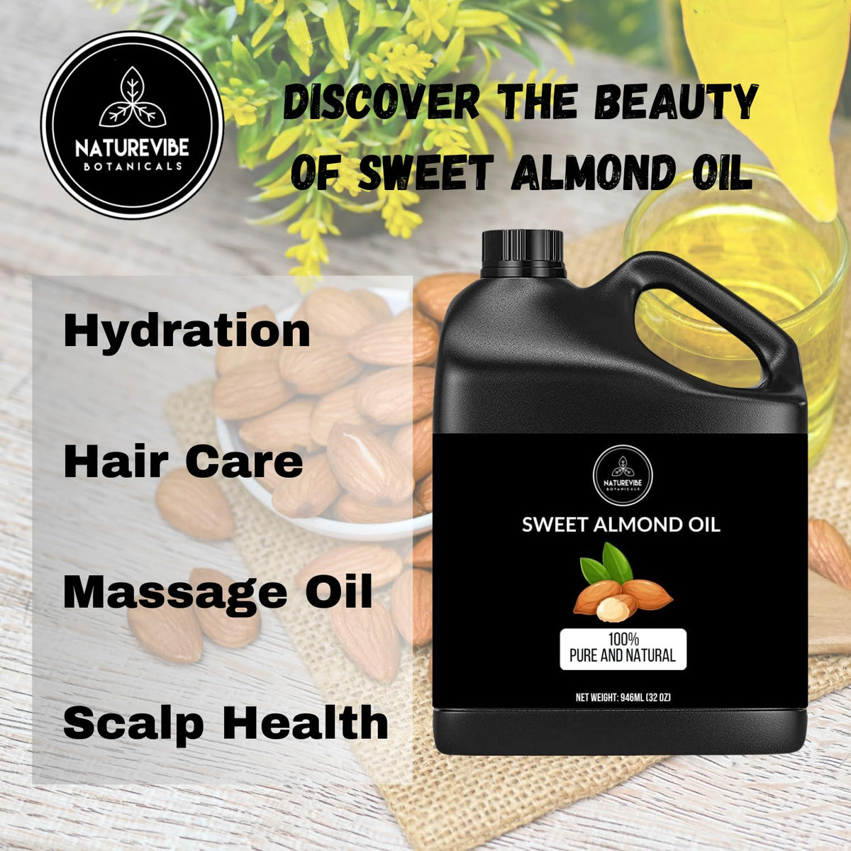 Naturevibe Botanicals Sweet Almond Oil 32 Ounces | 100% Pure and Natural Unrefined Cold Pressed