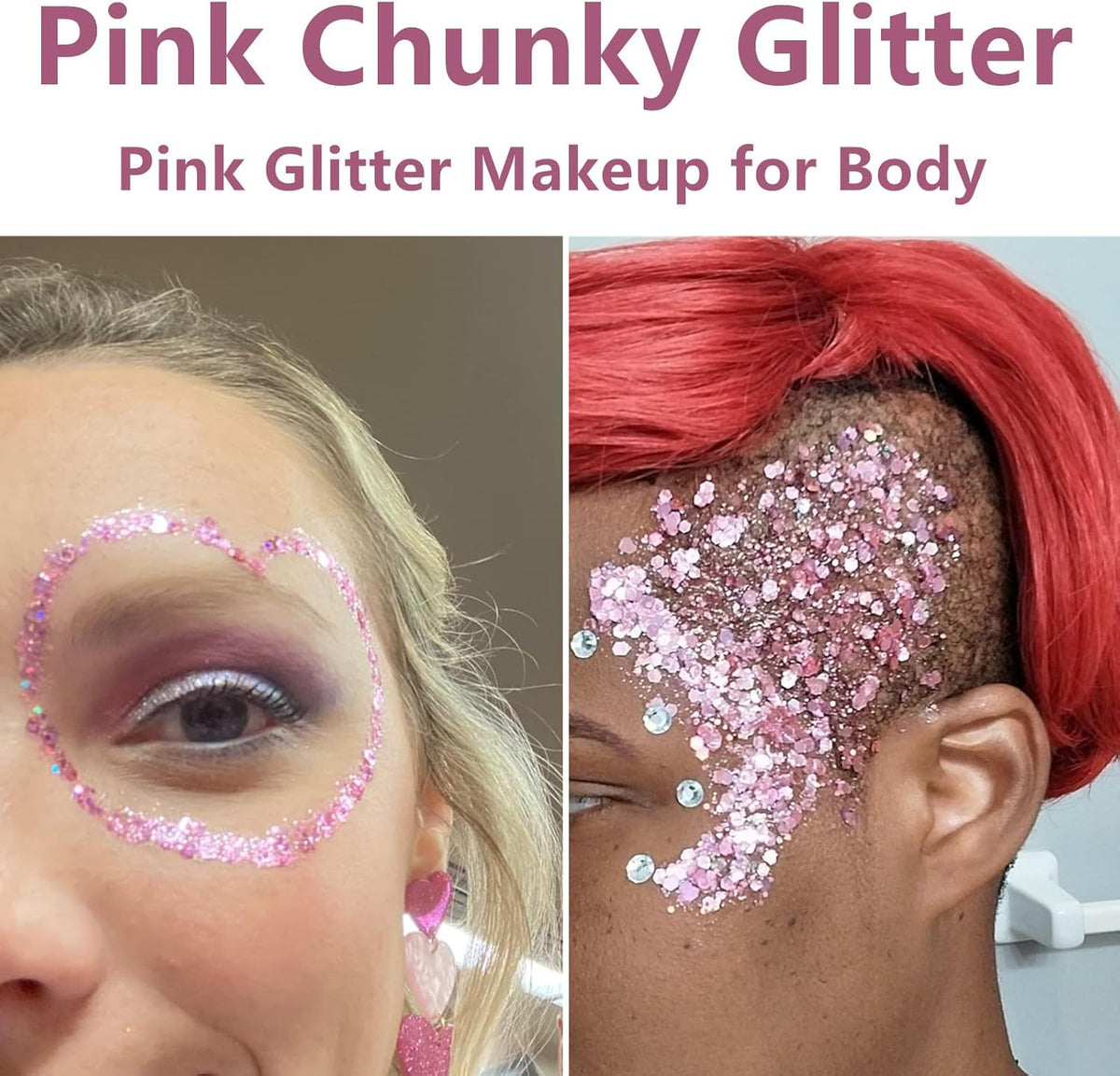 Go Ho Pink Face Body Glitter Gel,Singer Concerts Pink Face Paint Makeup Holographic Chunky Sequins