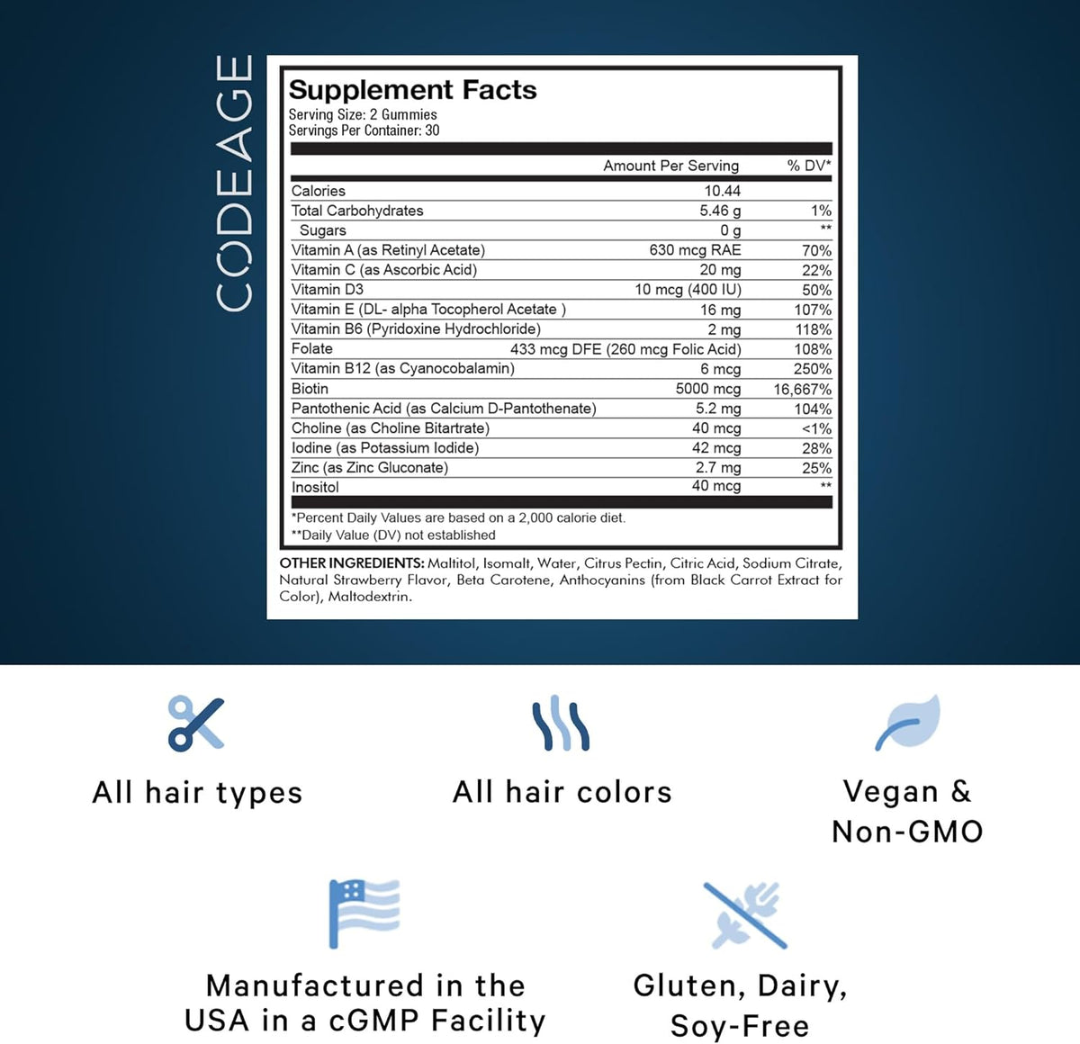 Codeage Hair Gummies, Biotin 5000 mcg, Sugar Free Growth Gummy Vitamins A, C, B6, B12, D3, Zinc