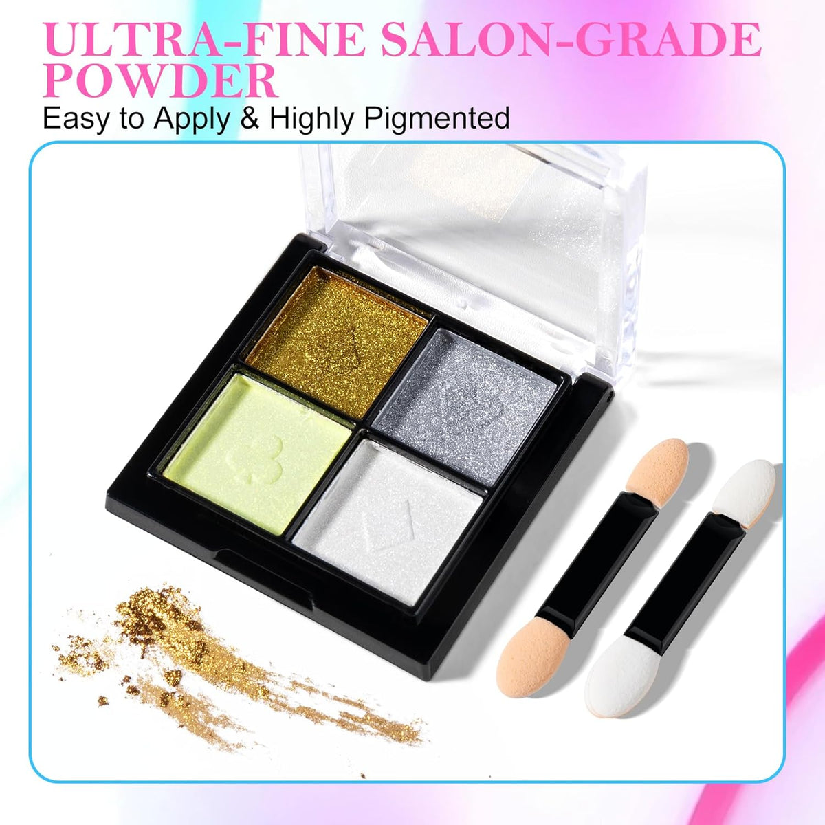 NXJ INFILILA Pearl Chrome Nail Powder Kit, Chrome Pallete for Nails 4 Colors - Gold, Silver