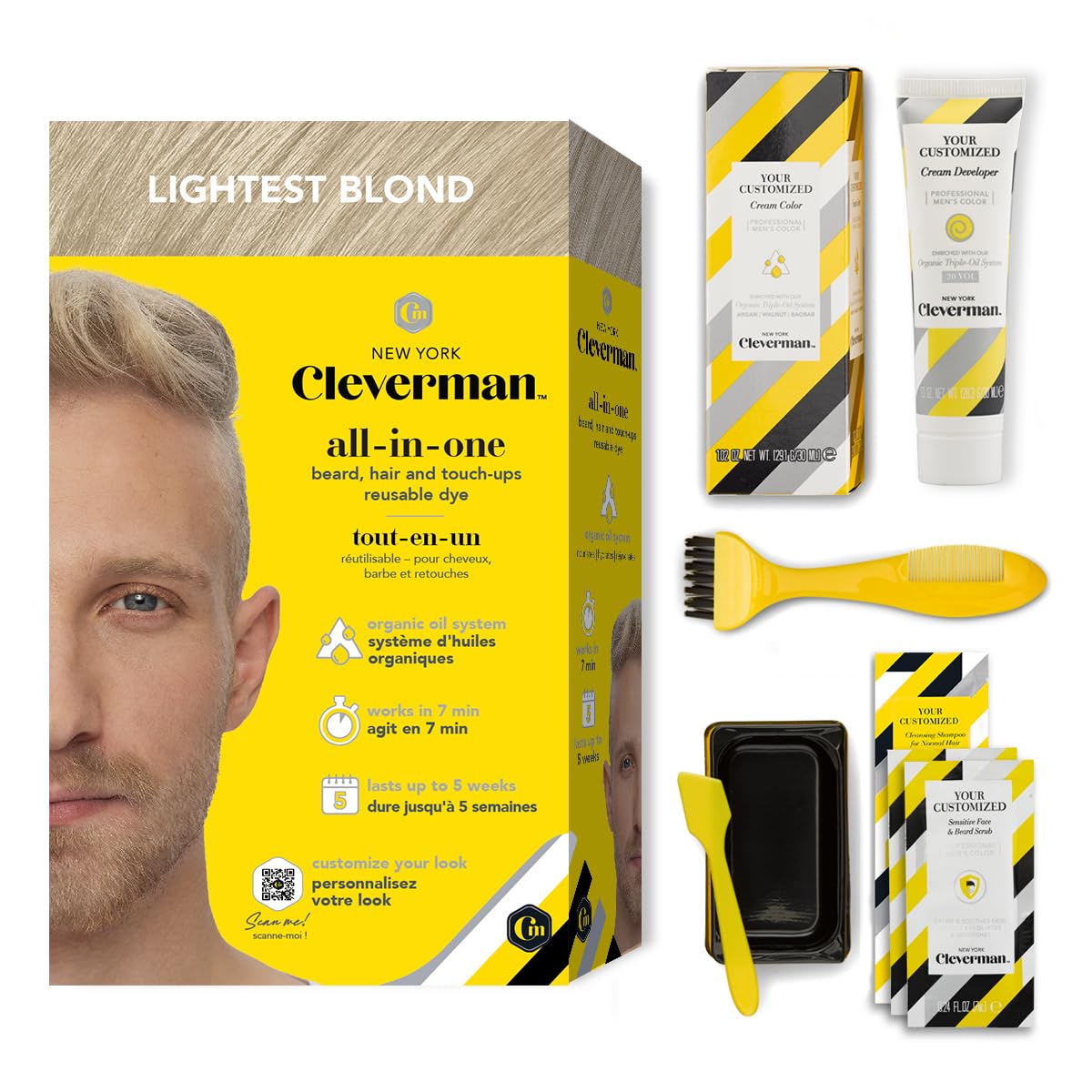 CLEVERMAN Lightest Blond Hair & Beard Dye for Men, All-in-One Reusable Kit - Men's Color For