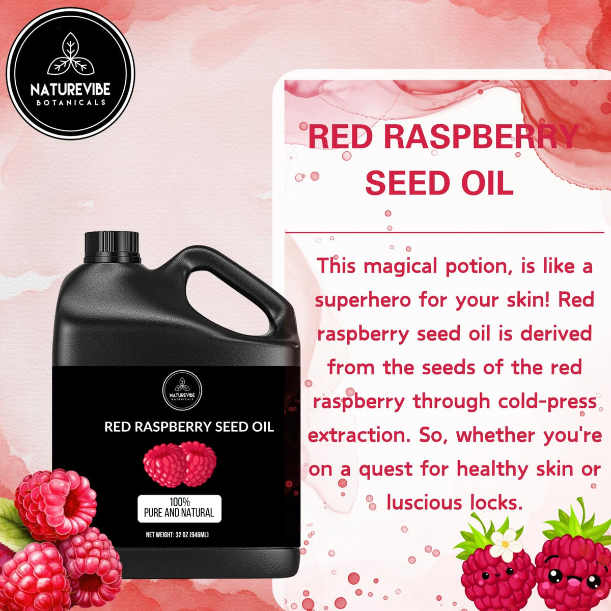 Naturevibe Botanicals Red Raspberry Oil 32 Ounces | 100% Pure and Natural | Great for Skin Care and