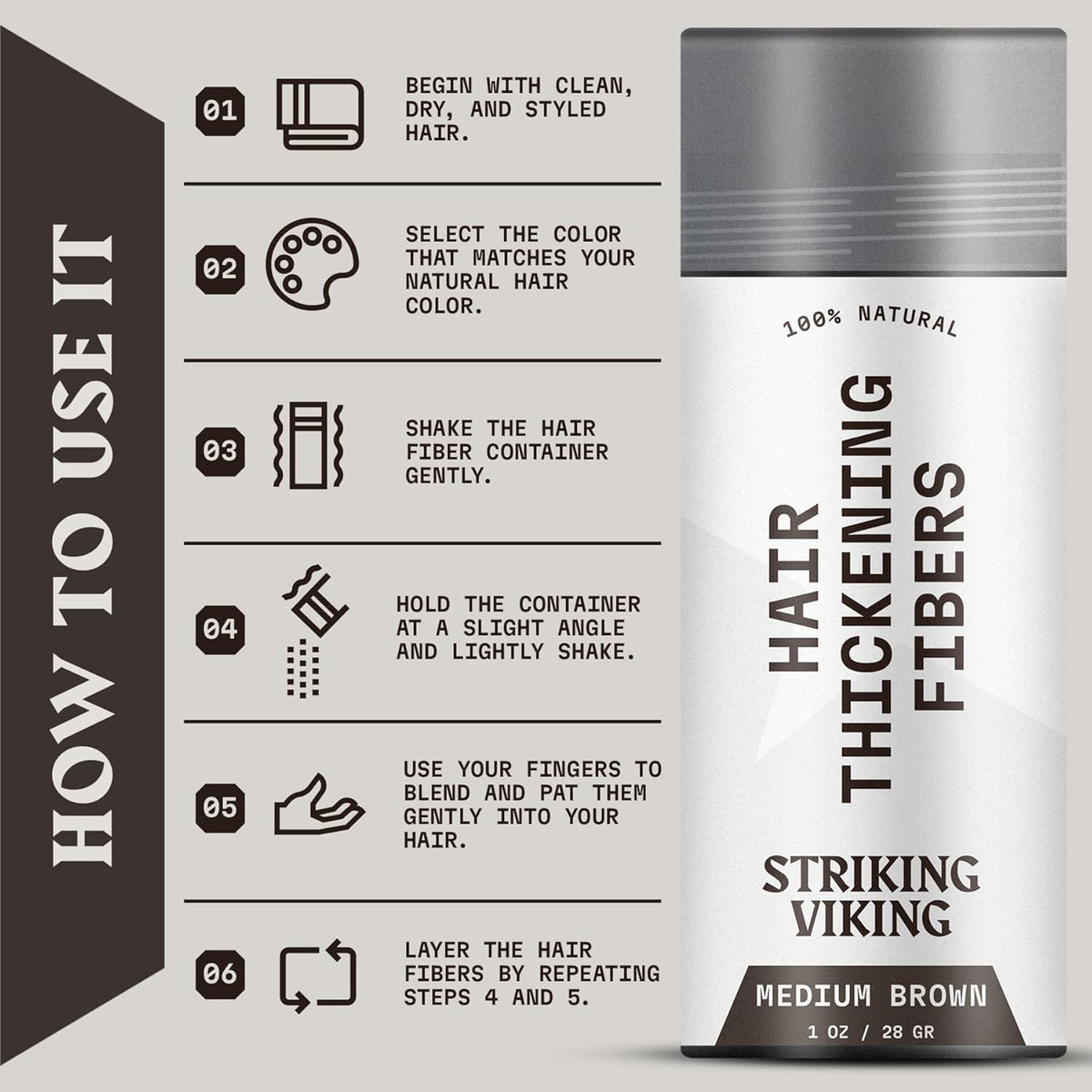 Striking Viking Hair Fibers for Thinning Hair - 28 g, Medium Brown - Bald Spot Cover Up &