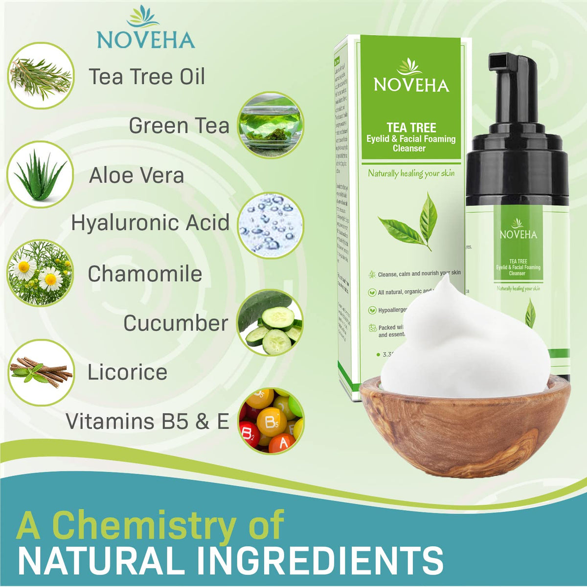 NOVEHA Tea Tree Oil Foaming Cleanser - Therapeutic Daily Skincare For For Eyelash & lids, MGD, Stye